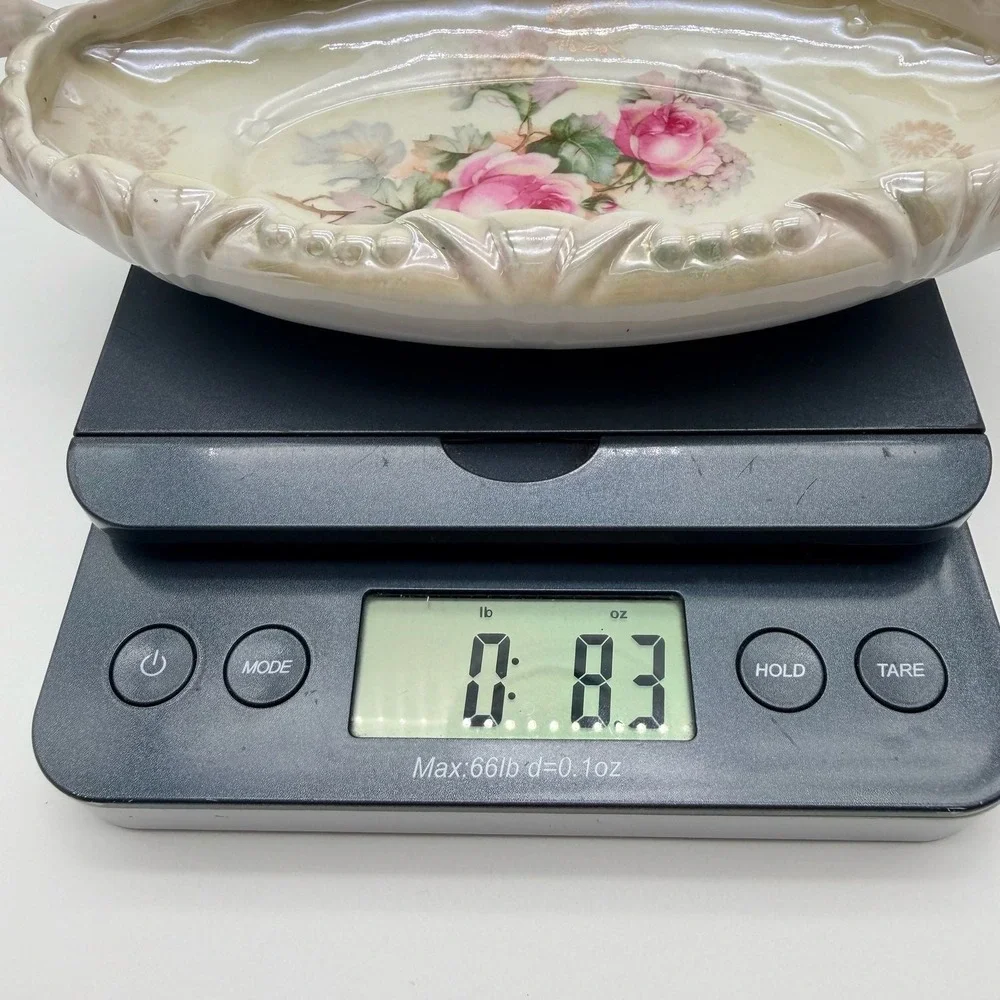 VTG German Porcelain Oval Celery Dish / Relish Tray Pink Roses and Gold accents
